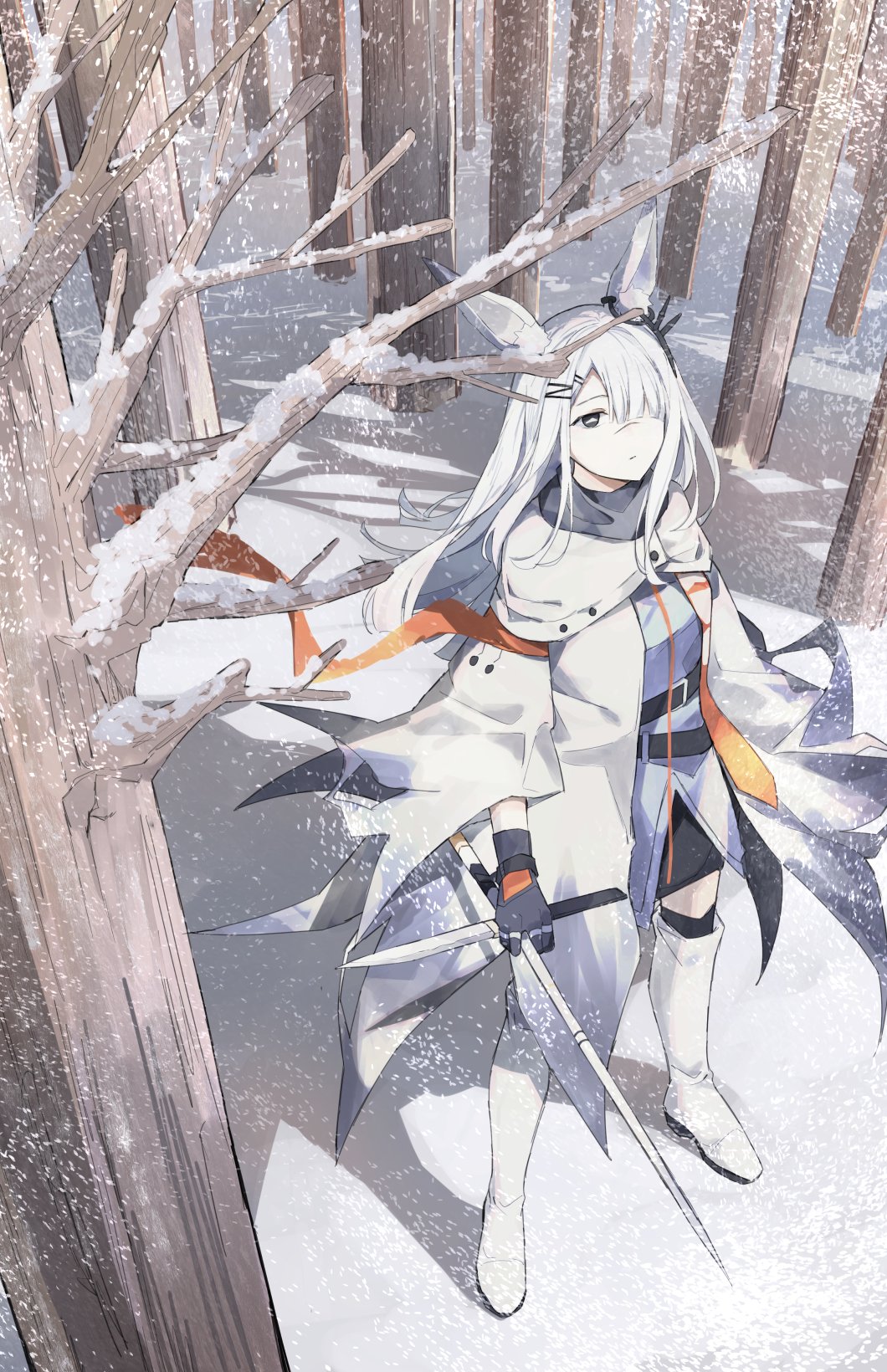 1girl, animal_ears, arknights, bare_tree, black_gloves, boots, cloak, closed_mouth