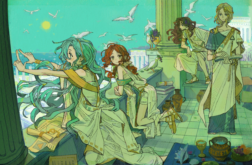 210_(reverse:1999), 2boys, 2girls, 37_(reverse:1999), 6_(reverse:1999), amphora, ancient_greek_clothes, architecture, balcony, bare_shoulders, barefoot, bird, blonde_hair, blue_hair, blue_sky, book, brown_hair, closed_mouth, column, conch, cup, curly_hair, day, food-themed_hair_ornament, from_side, full_body, grape_hair_ornament, greco-roman_architecture, greco-roman_clothes, green_eyes, hair_ornament, highres, himation, holding, holding_book, jar, kneeling, long_hair, looking_afar, looking_at_viewer, looking_to_the_side, multiple_boys, multiple_girls, ocean, open_book, open_mouth, paper, pillar, profile, redhead, reverse:1999, sandals, scroll, seagull, shuiliuliu, sitting, sky, smile, sophia_(reverse:1999), standing, sun, tile_floor, tiles, toga, too_many, too_many_birds, triangle_hands, turning_head, very_long_hair