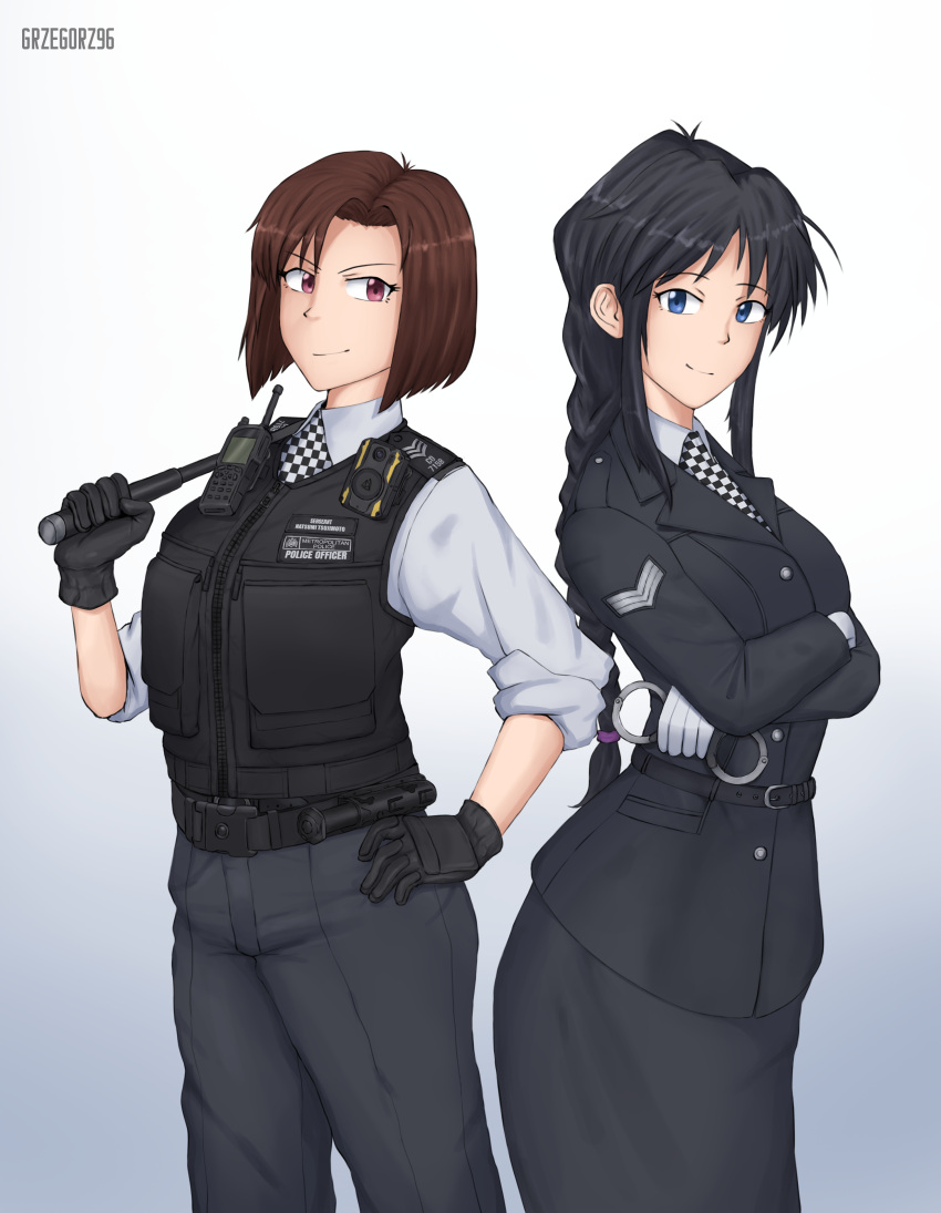 2girls, absurdres, baton_(weapon), belt, black_belt, black_gloves, black_hair, black_pants