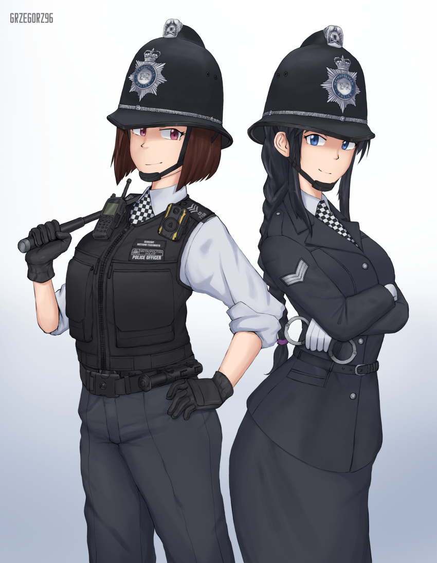 2girls, absurdres, baton_(weapon), belt, black_belt, black_gloves, black_hair, black_pants