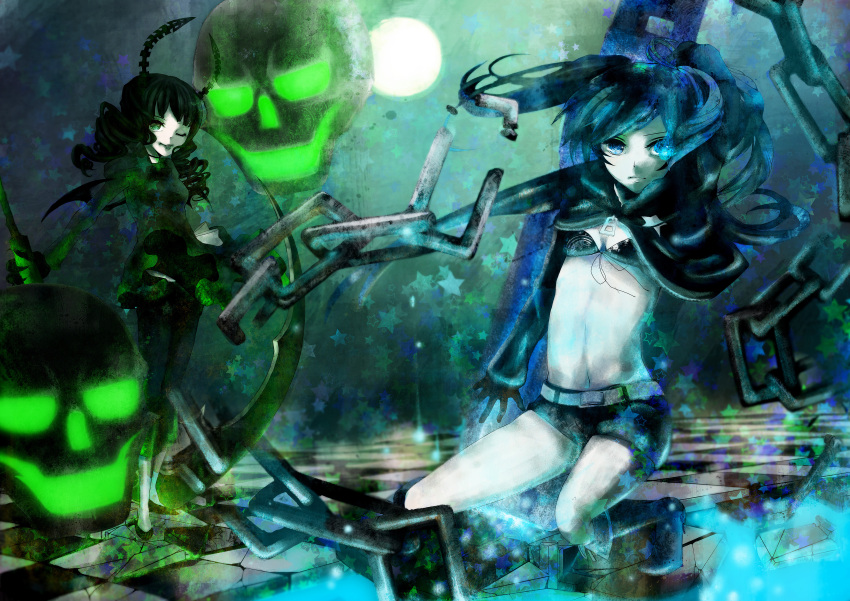 :p, absurdres, bad_id, belt, bikini_top, black_hair, black_rock_shooter, black_rock_shooter_(character)