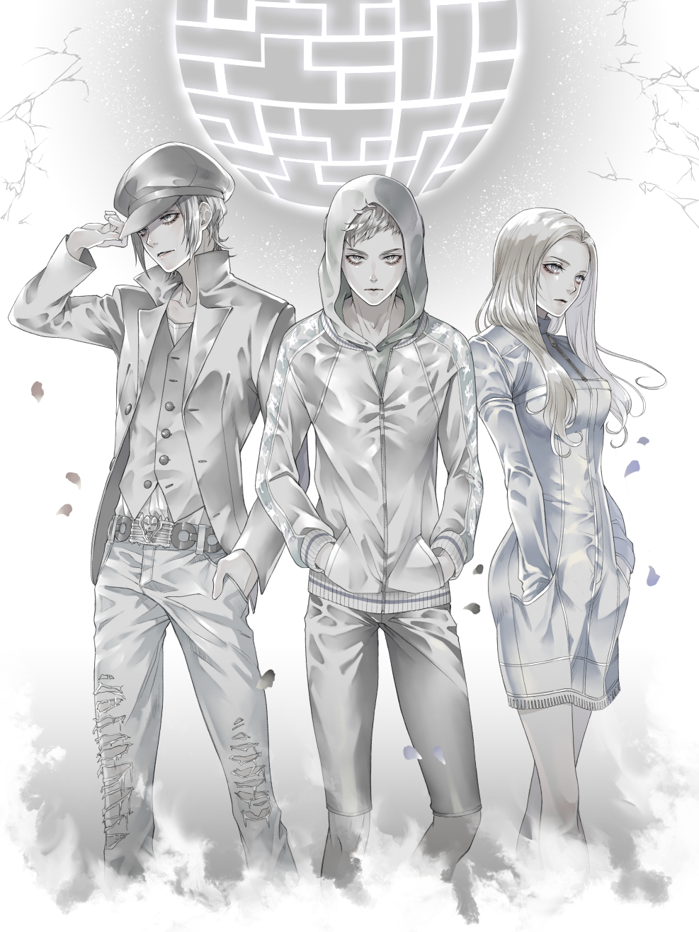 1girl, 2boys, breasts, closed_mouth, commentary, demi-fiend, denim, greyscale, hands_in_pockets, hat, highres, hood, jeans, long_hair, looking_at_viewer, monochrome, multiple_boys, nitta_isamu, pants, ryokuyuu, shin_megami_tensei, shin_megami_tensei_iii:_nocturne, short_hair, skirt, tachibana_chiaki_(smt3), torn_clothes