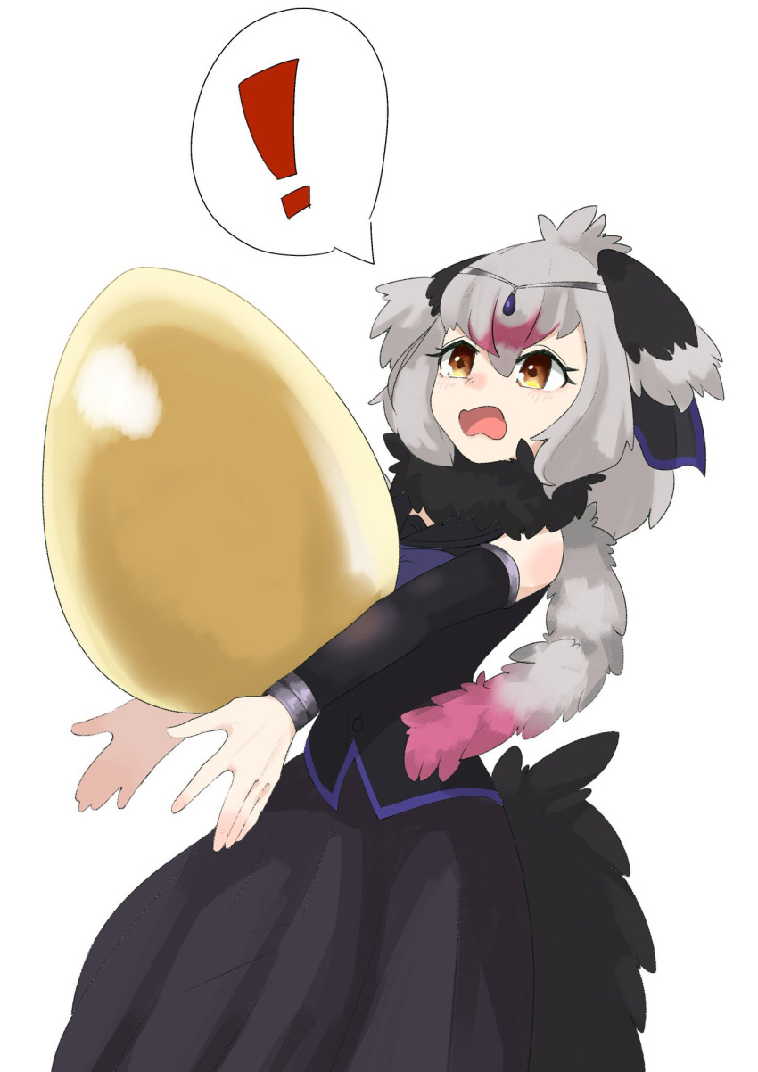 !, 1girl, bare_shoulders, bird_girl, bird_tail, bird_wings, black_fur, black_shirt