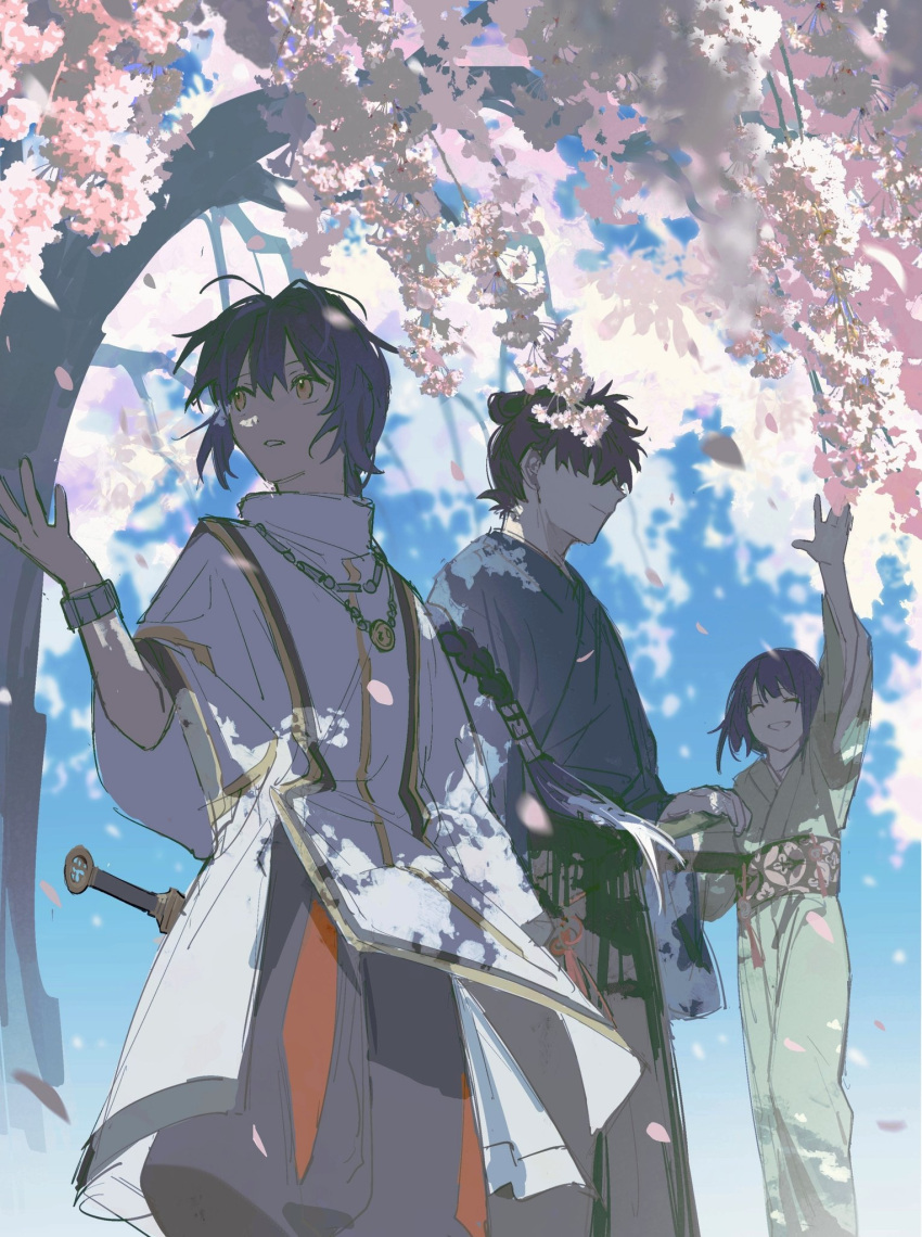 1boy, 1girl, 1other, arm_up, black_hair, braid, cherry_blossoms, fate/samurai_remnant