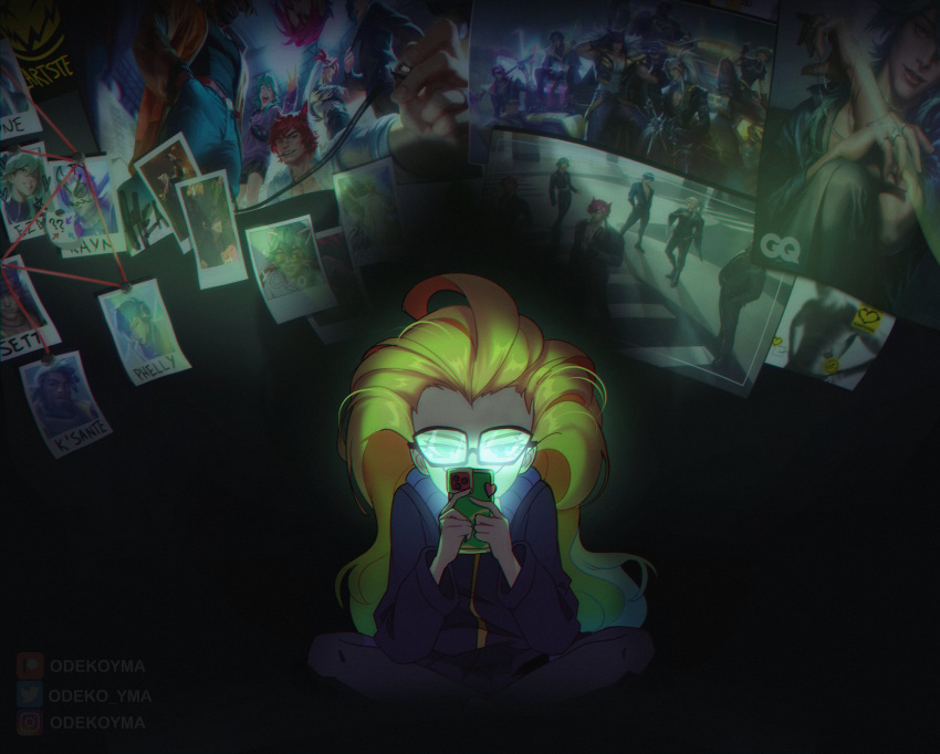 1girl, absurdres, alternate_costume, aphelios, artist_name, blonde_hair, dark_room, ezreal
