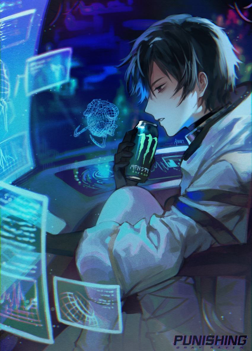 1boy, absurdres, asimov_(punishing:_gray_raven), black_hair, can, hair_over_eyes, highres, holding, holding_can, hologram, lab_coat, long_sleeves, medium_hair, monster_energy, pants, punishing:_gray_raven, solo, starbight, white_pants