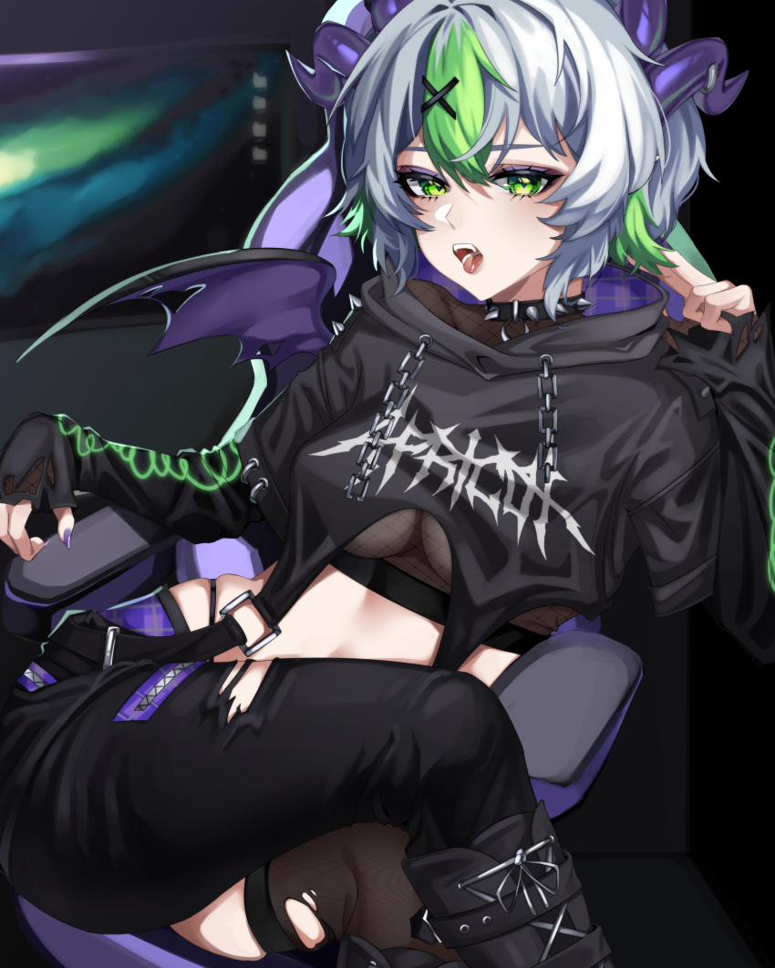 1girl, absurdres, artist_request, belt, black_collar, black_footwear, black_hoodie, black_pants
