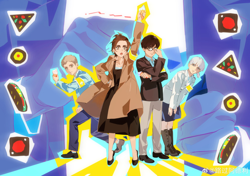 2boys, 2girls, absurdres, adjusting_eyewear, armband, boots, brown_eyes, brown_hair