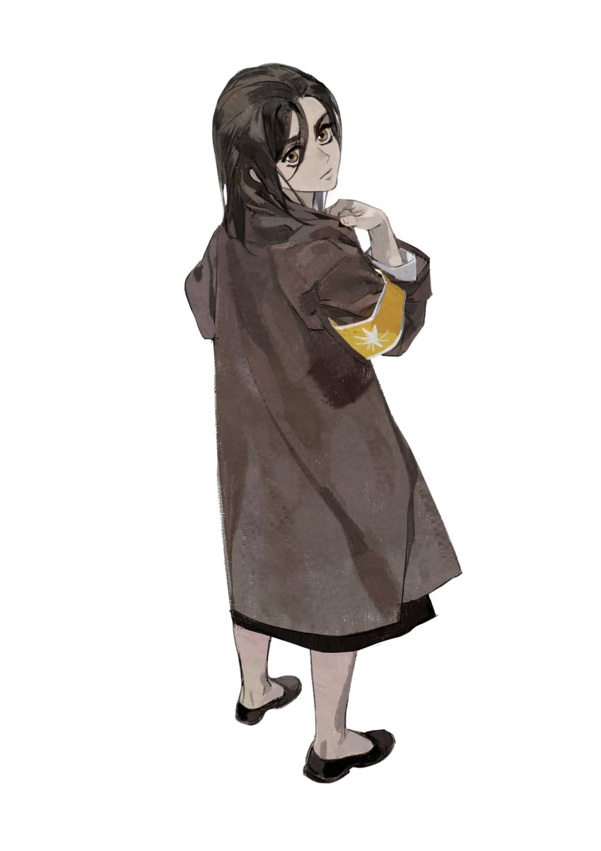 1girl, alternate_costume, armband, brown_eyes, brown_hair, child, coat, full_body