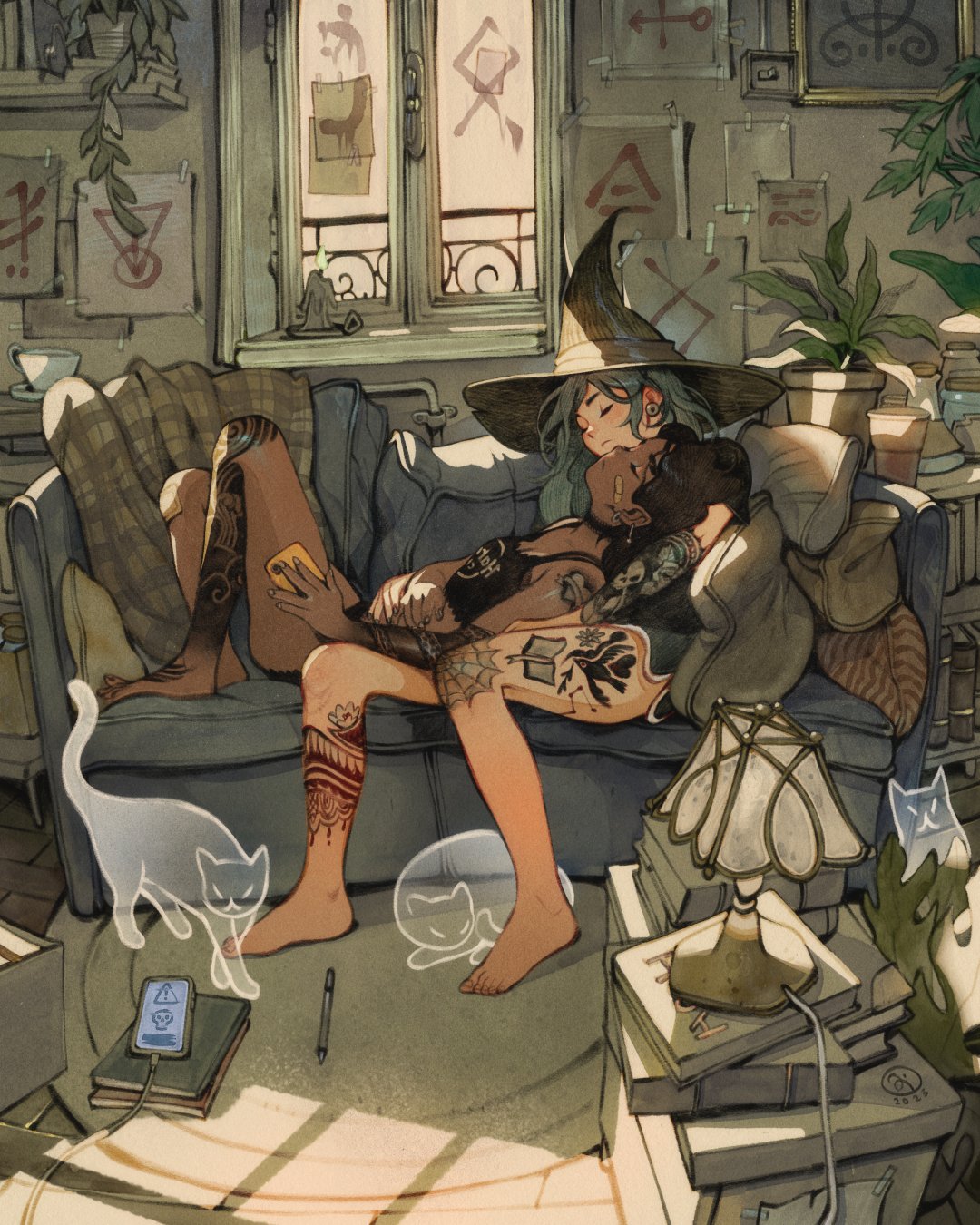 2girls, arm_tattoo, bandaid, bandaid_on_cheek, bandaid_on_face, bandaid_on_knee, bandaid_on_leg, barefoot