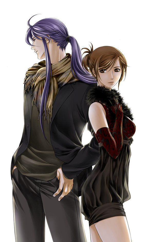 1girl, brown_hair, couple, dancing_love_(vocaloid), dress, formal, gloves, kamui_gakupo
