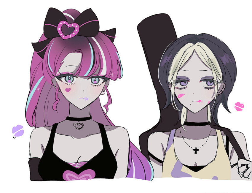 2girls, black_lemonade_cookie, blue_hair, bow, choker, cookie_run, cross, cross_necklace