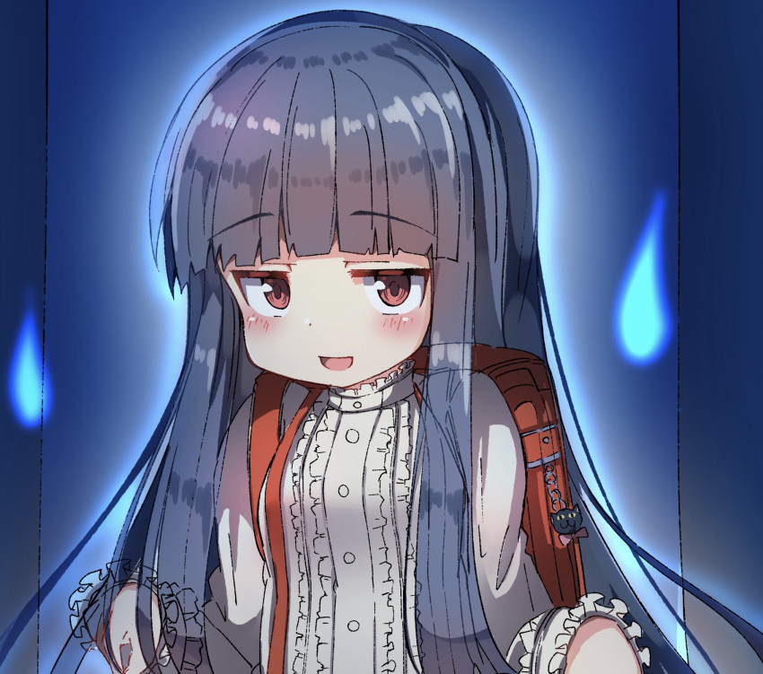 1girl, animal_keychain, backpack, bag, blue_background, blue_hair, blush, buttons
