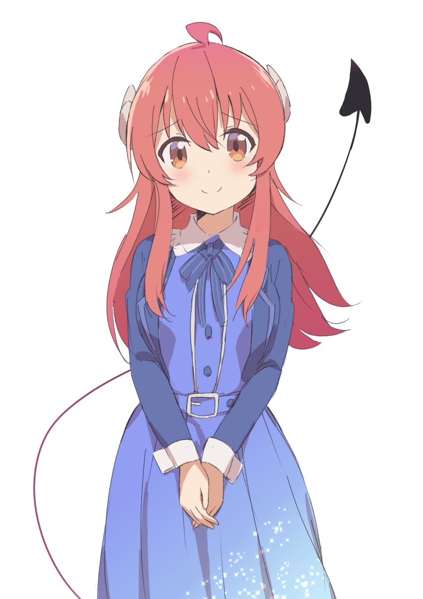 1girl, 2023, absurdres, ahoge, blue_dress, blue_ribbon, blush, brown_eyes