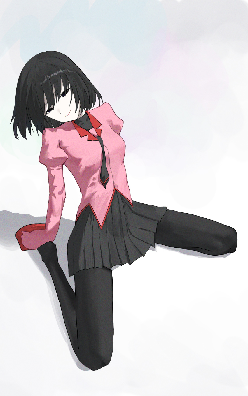 1girl, absurdres, arm_support, black_eyes, black_hair, black_necktie, black_pantyhose, black_skirt