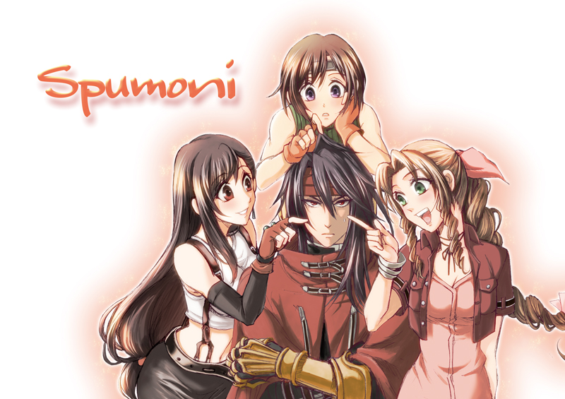 1boy, 3girls, aerith_gainsborough, bare_shoulders, belt, black_hair, black_jacket, black_skirt