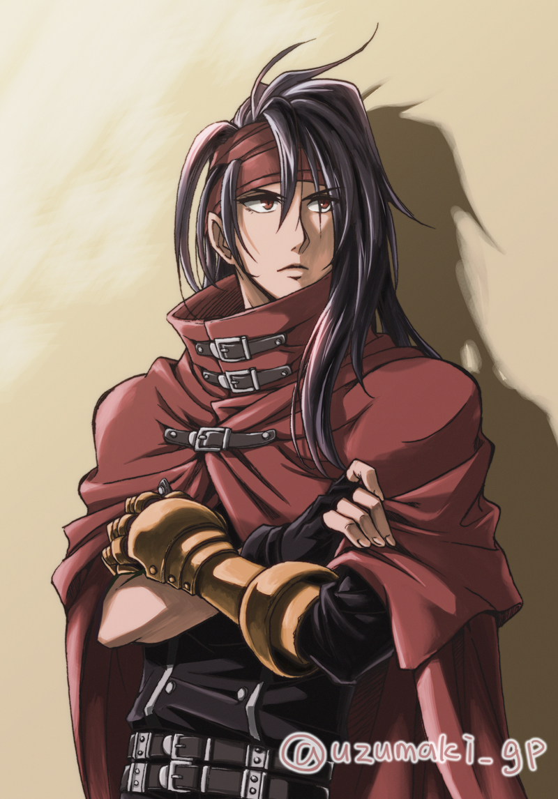 1boy, belt, black_gloves, black_hair, black_jacket, cape, cloak, closed_mouth