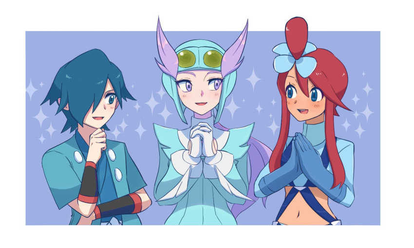 1boy, 2girls, blue_eyes, blue_hair, border, falkner_(pokemon), gloves, hair_between_eyes