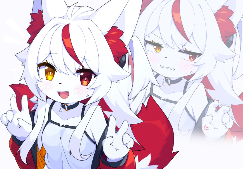 1girl, :d, ahoge, anger_vein, angry, animal_ear_fluff, animal_ears, averting_eyes