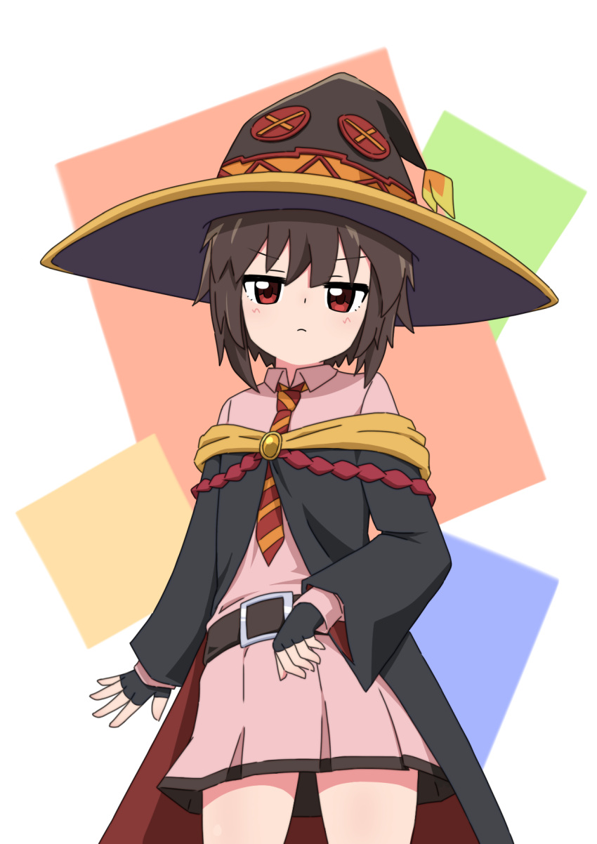 1girl, :<, annoyed, belt, belt_buckle, black_cloak, black_gloves, black_headwear, blue_background, blush, breasts, brown_belt, brown_hair, buckle, cloak, commentary, cowboy_shot, diagonal-striped_necktie, dress, fingerless_gloves, frown, geometric_solid, gloves, green_background, hat, highres, jitome, kono_subarashii_sekai_ni_bakuen_wo!, kono_subarashii_sekai_ni_shukufuku_wo!, light_frown, long_sleeves, looking_at_viewer, megumin, multicolored_background, necktie, off_shoulder, orange_necktie, pink_dress, pleated_dress, rectangle, red_background, red_cloak, red_eyes, red_necktie, red_prison_magic_school_uniform, school_uniform, short_dress, short_hair, small_breasts, solo, standing, tokuchi919, two-sided_fabric, v-shaped_eyebrows, white_background, witch_hat, yellow_background