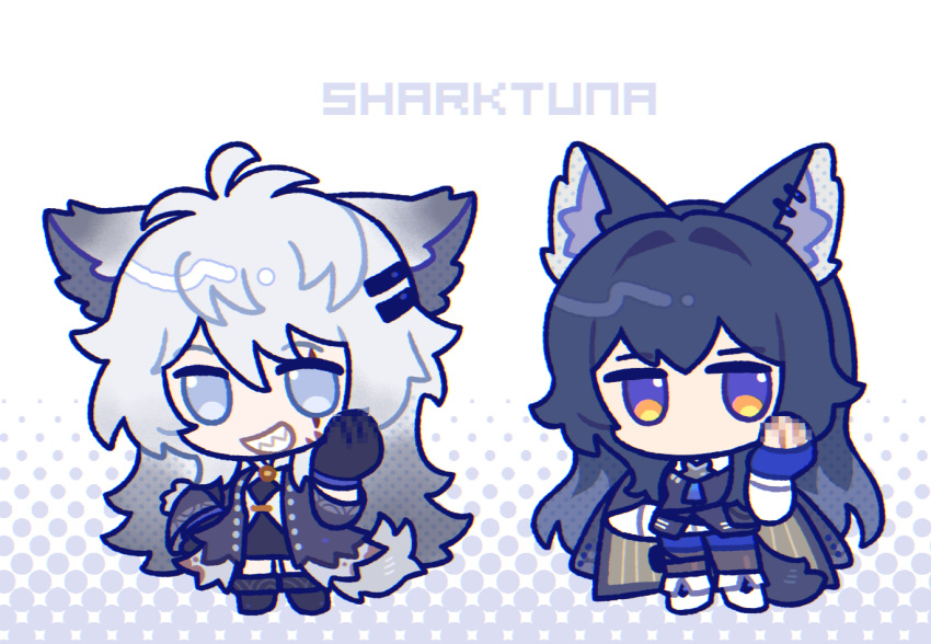 2girls, animal_ear_piercing, animal_ears, antenna_hair, arknights, artist_name, black_dress, black_footwear