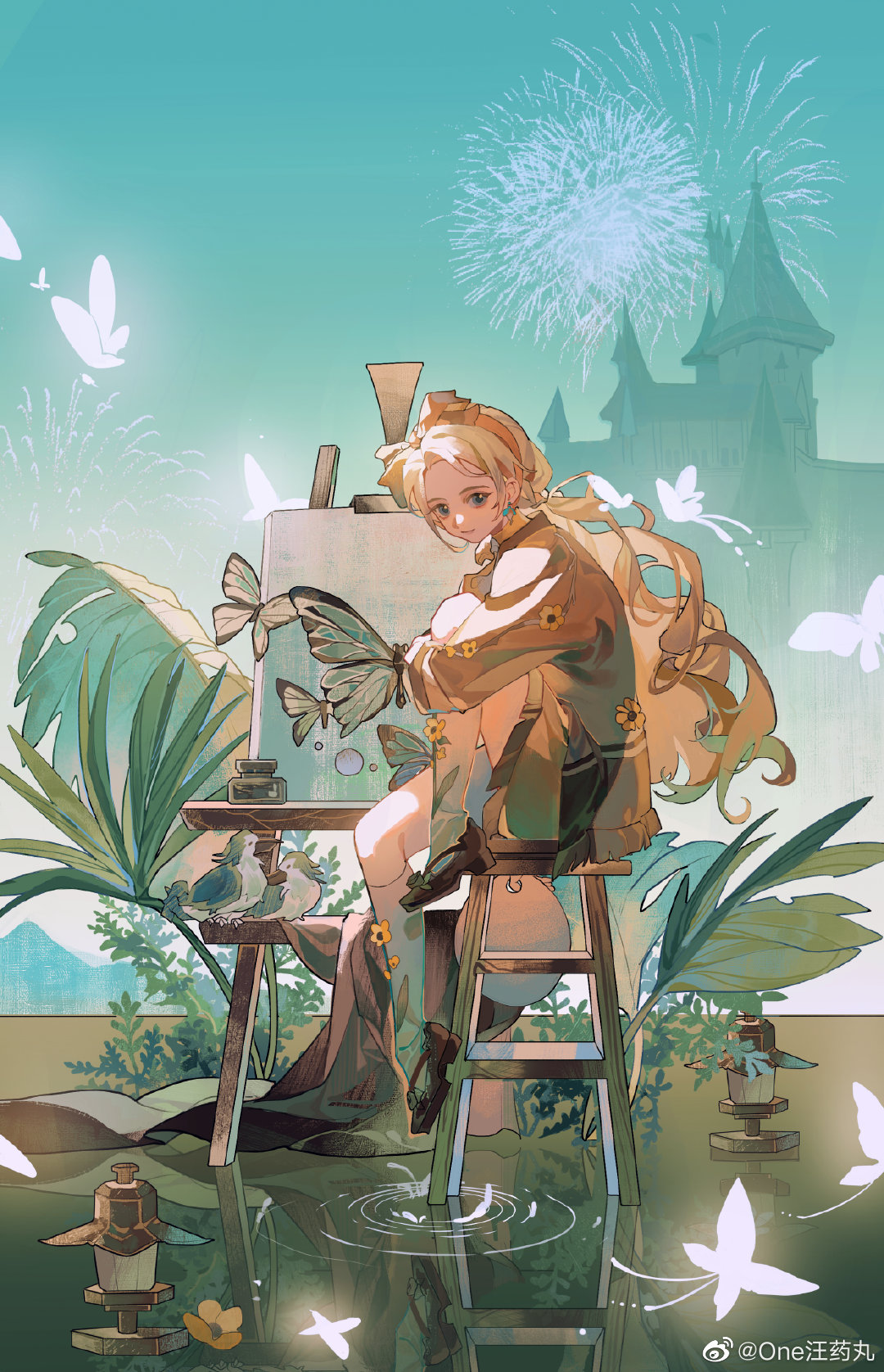1girl, arm_on_knee, black_footwear, blonde_hair, blue_butterfly, blue_eyes, blue_sky, bow