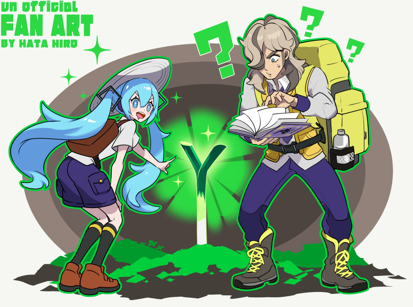 1boy, 1girl, ?, absurdres, aqua_eyes, aqua_hair, arven_(pokemon), black_socks