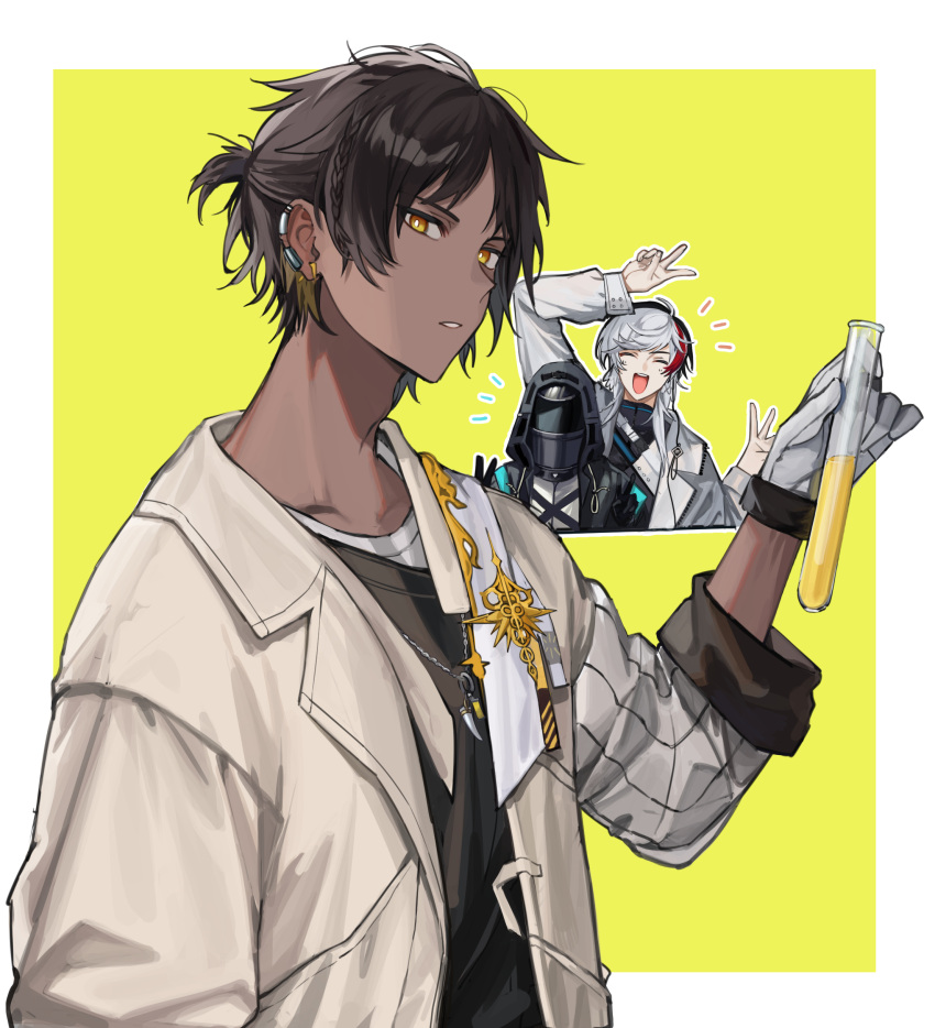 1other, 252_gishiki, 2boys, absurdres, arknights, arm_up, black_footwear, black_hair