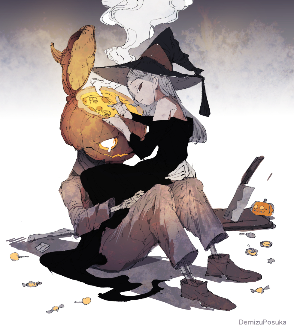 1boy, 1girl, black_dress, candy, collared_shirt, demizu_posuka, dress, food, grey_hair, hat, holding, holding_spoon, jack-o'-lantern_head, kitchen_knife, original, pants, red_eyes, shirt, spoon, steam, white_pants, white_shirt, witch, witch_hat
