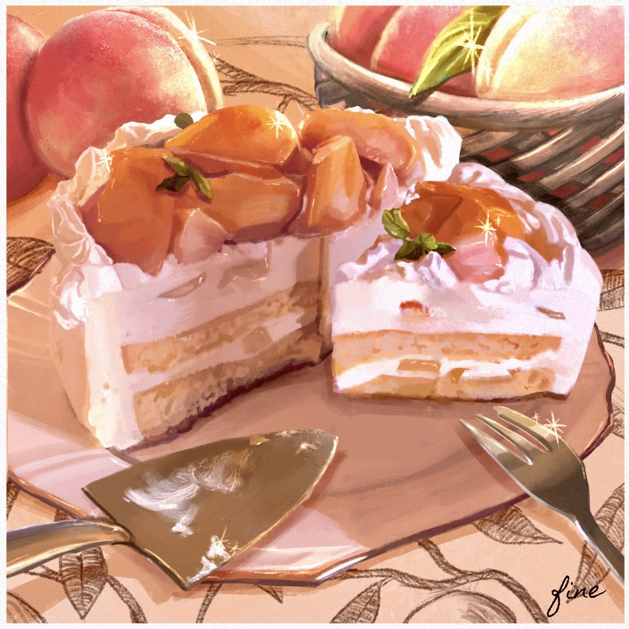 basket, cake, cake_slice, dessert, fine_9725, food, food_focus, fork, fruit, highres, icing, no_humans, original, peach, plate, shadow, still_life