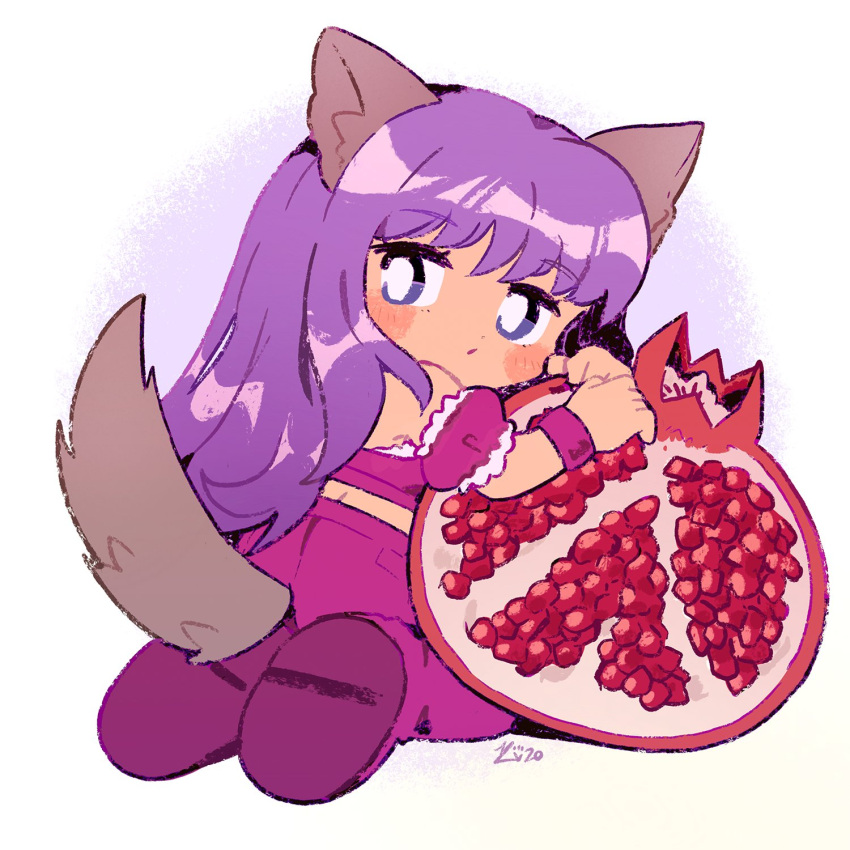 1girl, animal_ears, blush_stickers, chibi, commission, detached_sleeves, food, fruit
