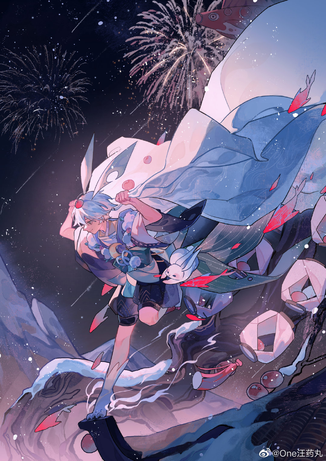 1boy, animal_ears, animal_feet, blue_shorts, blunt_bangs, boat, check_copyright, chinese_commentary, clinging, closed_eyes, commentary_request, copyright_request, fireworks, fish, flower_knot, from_side, full_body, hat, highres, holding, holding_clothes, holding_jacket, hole_in_ears, jacket, jacket_lift, japanese_clothes, leg_up, long_sleeves, night, night_sky, one_wang_yaowan, original, outdoors, pom_pom_(clothes), puffy_shorts, rabbit, rabbit_ears, rabbit_tail, red_headwear, ribbon-trimmed_sleeves, ribbon_trim, short_hair, shorts, sky, snow, solo, star_(sky), tail, tokin_hat, too_many_fish, unworn_jacket, watercraft, weibo_logo, weibo_username, white_hair, white_jacket, white_rabbit_(animal), wide_sleeves