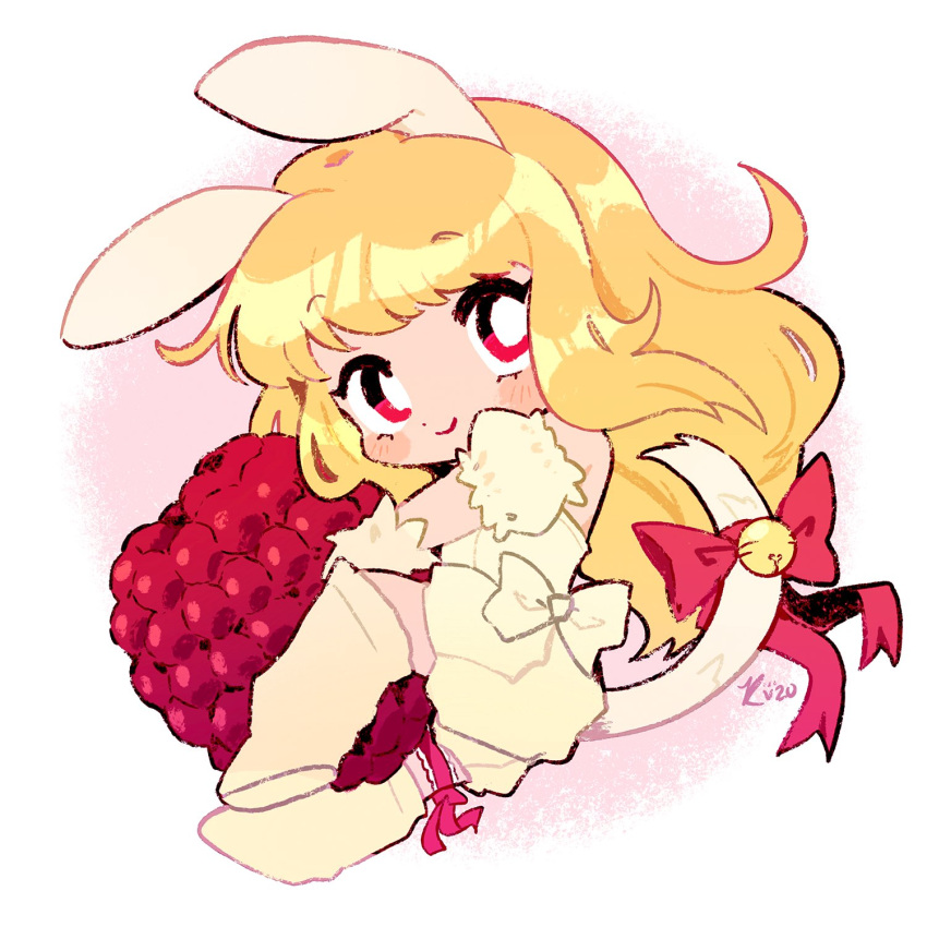 1girl, animal_ears, bell, blonde_hair, blush_stickers, bow, bright_pupils, cat_tail