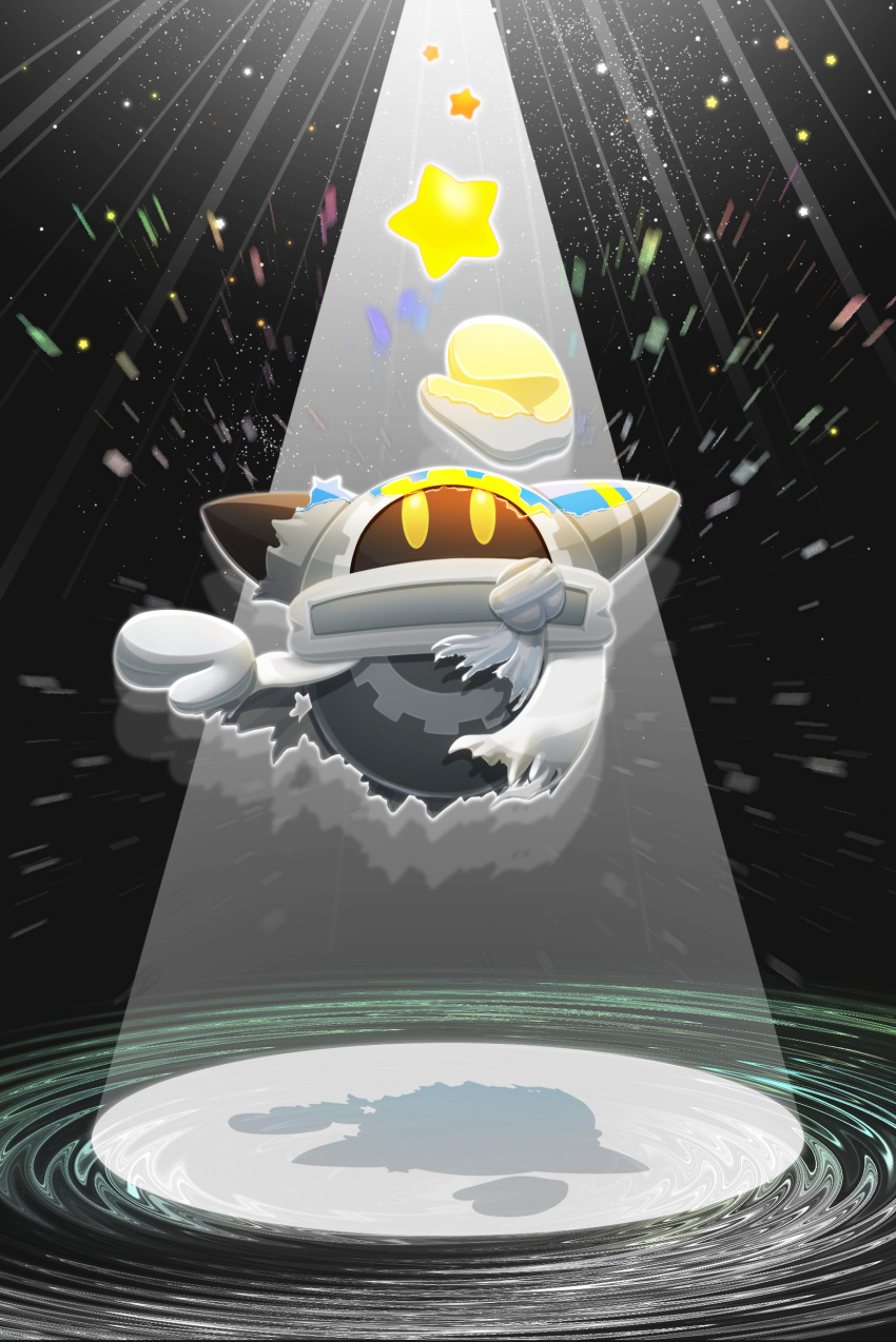 1boy, absurdres, black_background, disembodied_limb, drop_shadow, gloves, highres, kirby's_return_to_dream_land_deluxe, kirby_(series), looking_up, magolor, magolor_epilogue, male_focus, no_humans, shadow, solid_oval_eyes, solo, sparkle, star_(symbol), torn_clothes, zousui_(zousuioishii)