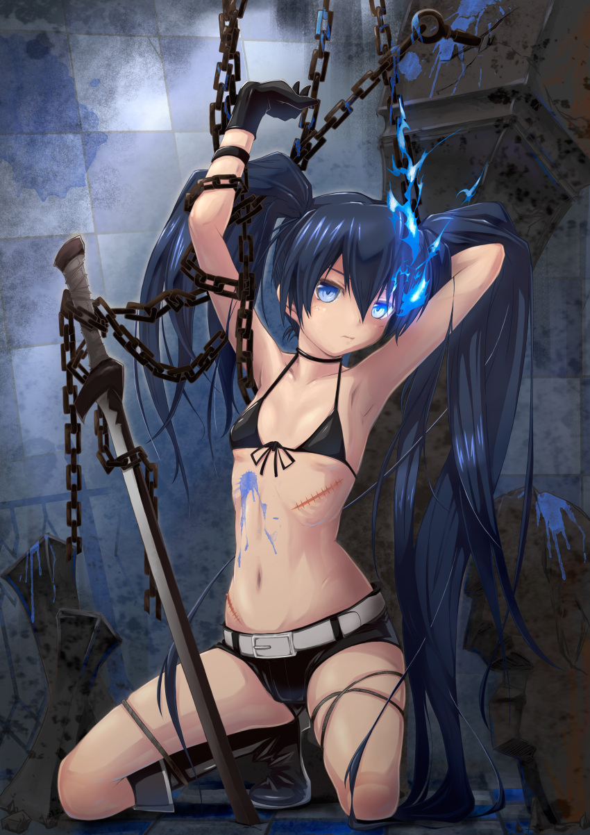 armpits, belt, bikini_top, black_hair, black_rock_shooter, black_rock_shooter_(character), blue_eyes, boots