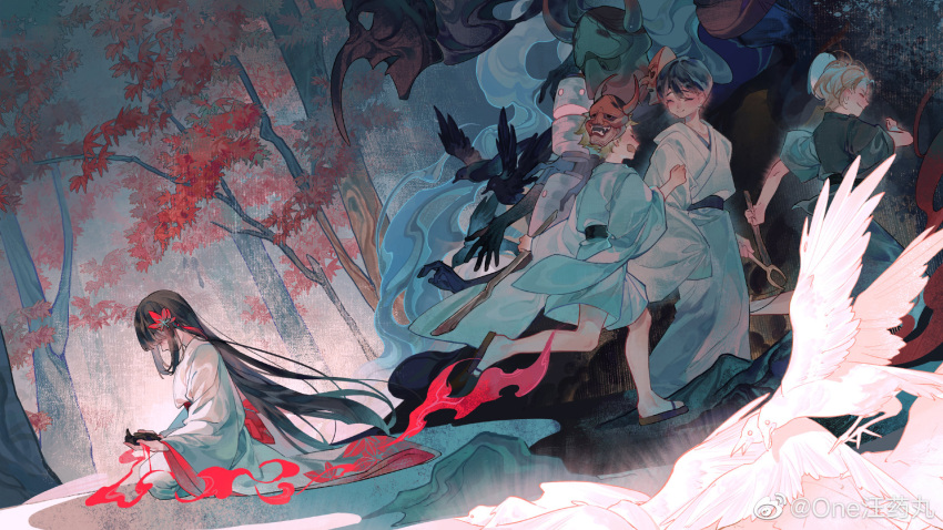 1girl, black_hair, from_side, hair_ornament, highres, japanese_clothes, kijo_momiji, kimono