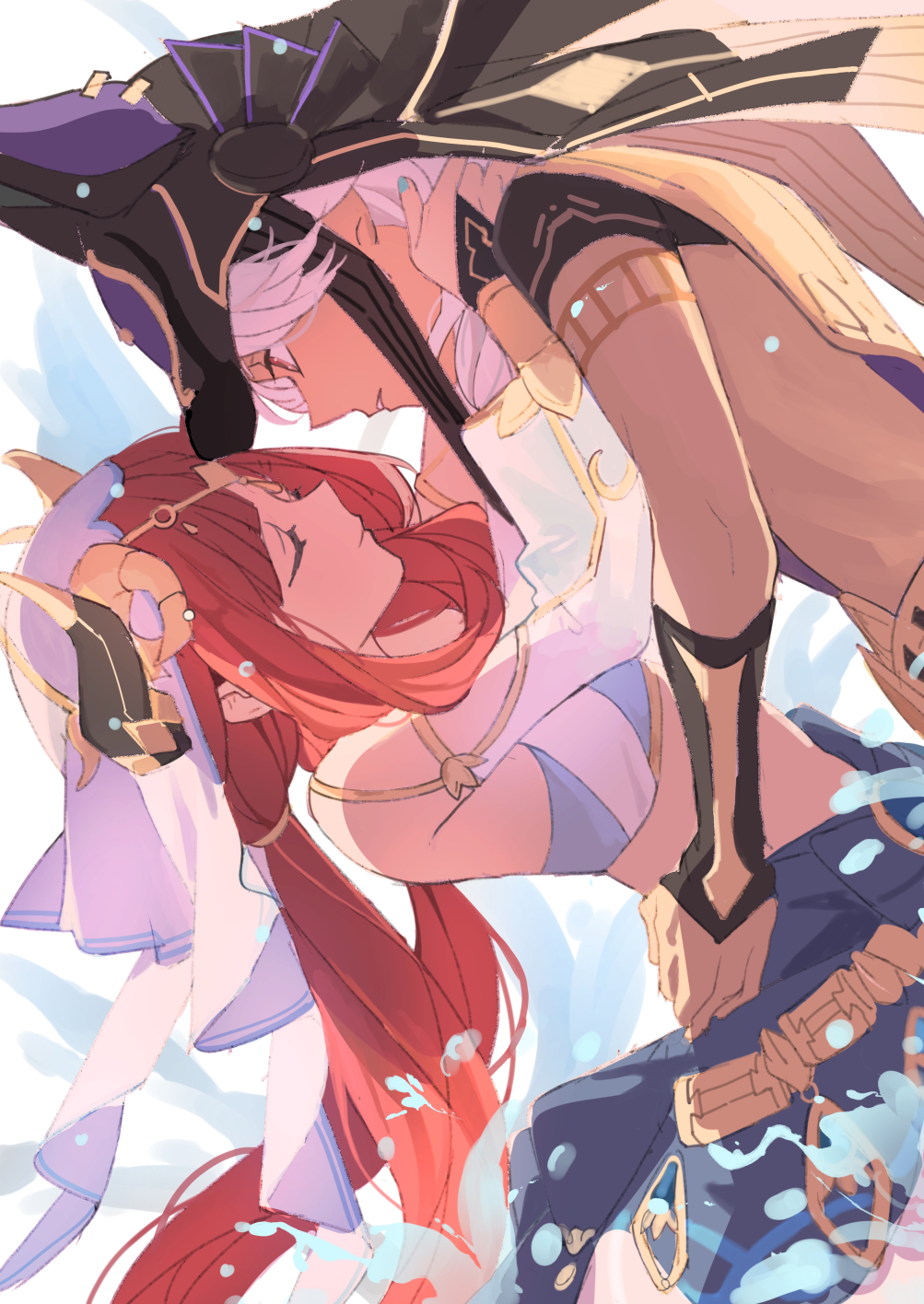1boy, 1girl, arabian_clothes, closed_eyes, couple, cowboy_shot, cyno_(genshin_impact), dark-skinned_male, dark_skin, genshin_impact, hand_on_another's_face, hand_on_another's_hip, hetero, highres, kk_(kkgame7733), nilou_(genshin_impact), redhead, white_hair
