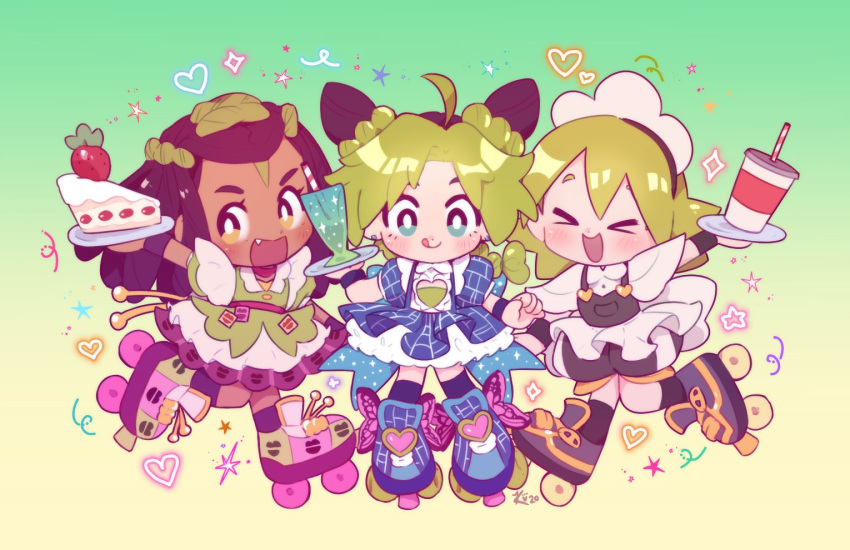 >_<, 3girls, ahoge, black_socks, black_wristband, blue_eyes, blush, bright_pupils