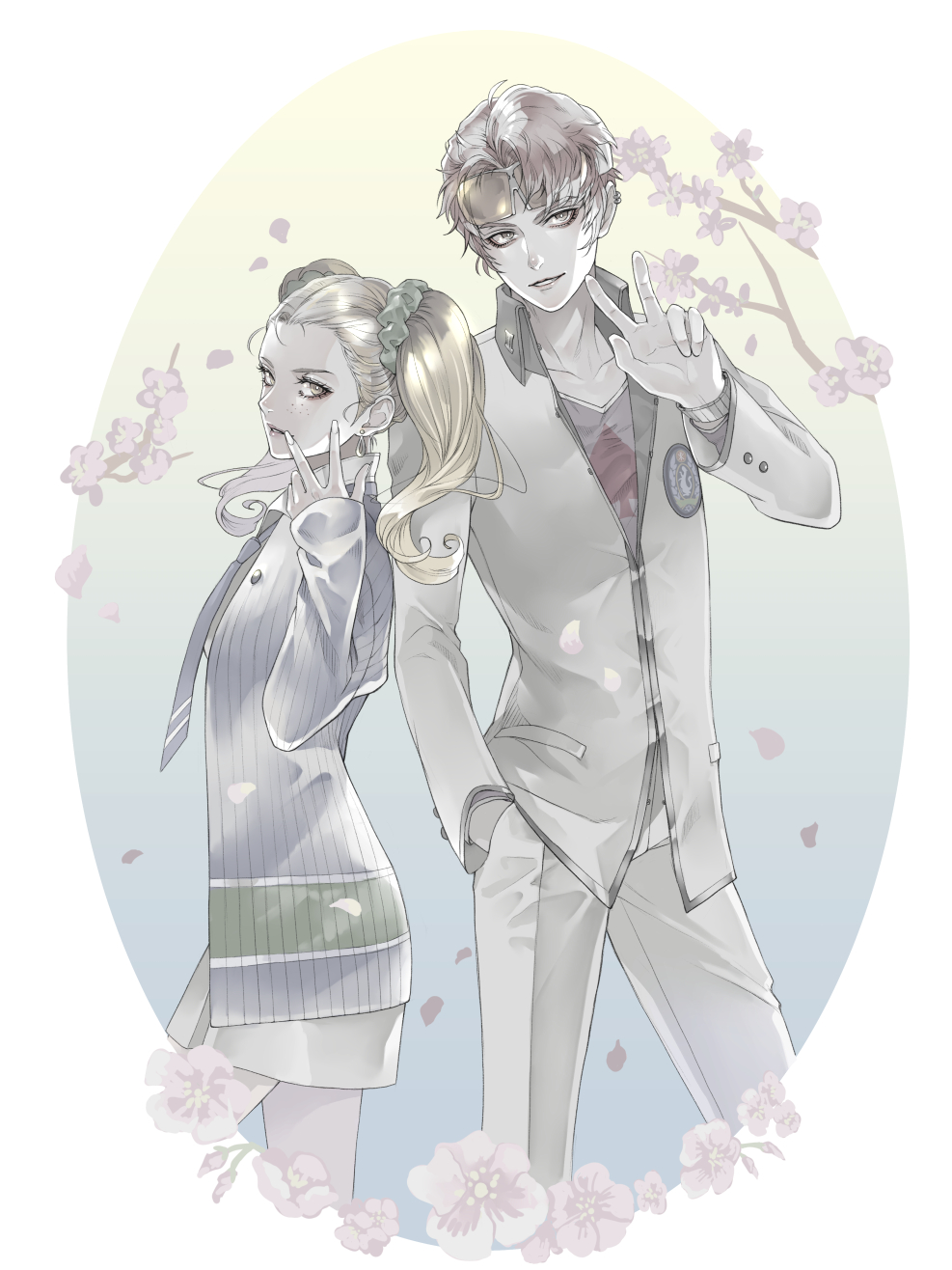 1boy, 1girl, ayase_yuka, blonde_hair, collarbone, earrings, freckles, hair_ornament