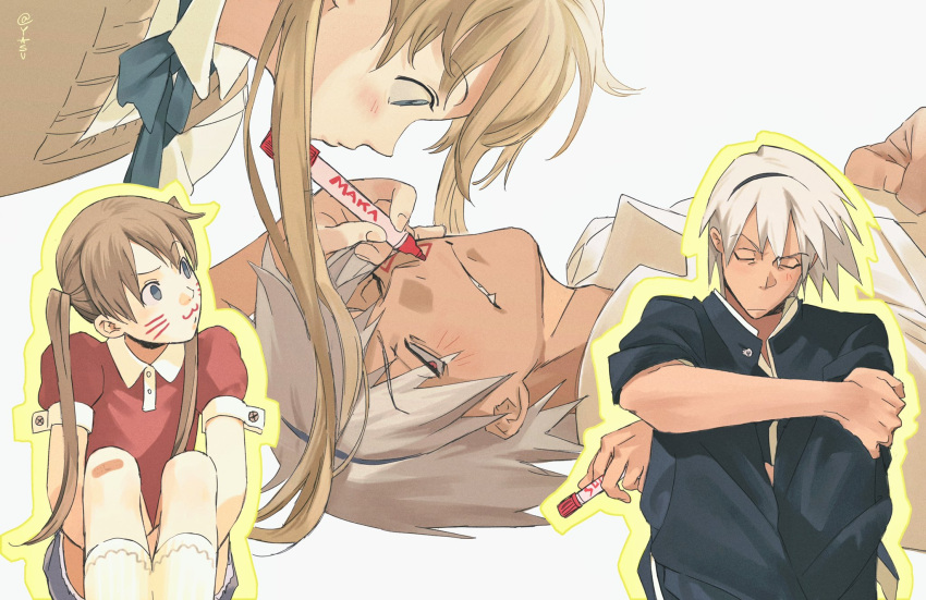 1boy, 1girl, ann_yasu_d, blue_eyes, closed_eyes, collared_shirt, drawing_on_another's_face, drawn_whiskers