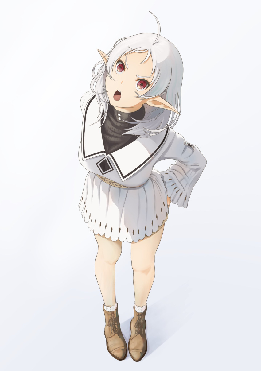 1girl, ahoge, brown_footwear, commentary_request, dress, elf, full_body, highres