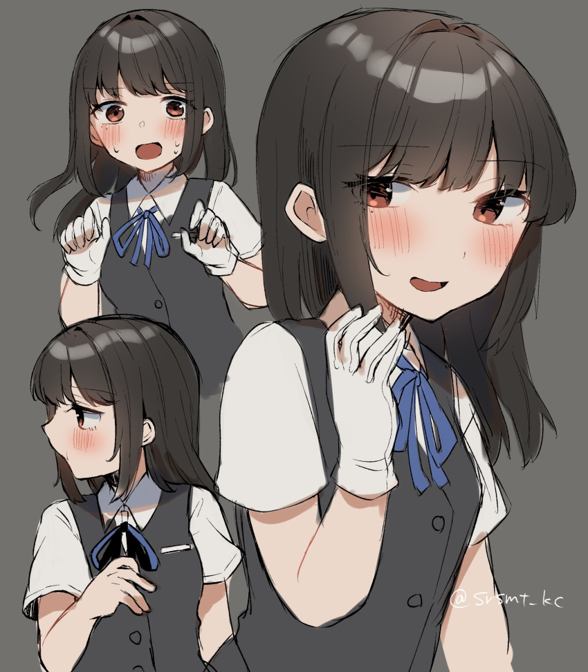 1girl, black_hair, blush, collared_shirt, gloves, grey_background, grey_vest, hair_between_eyes