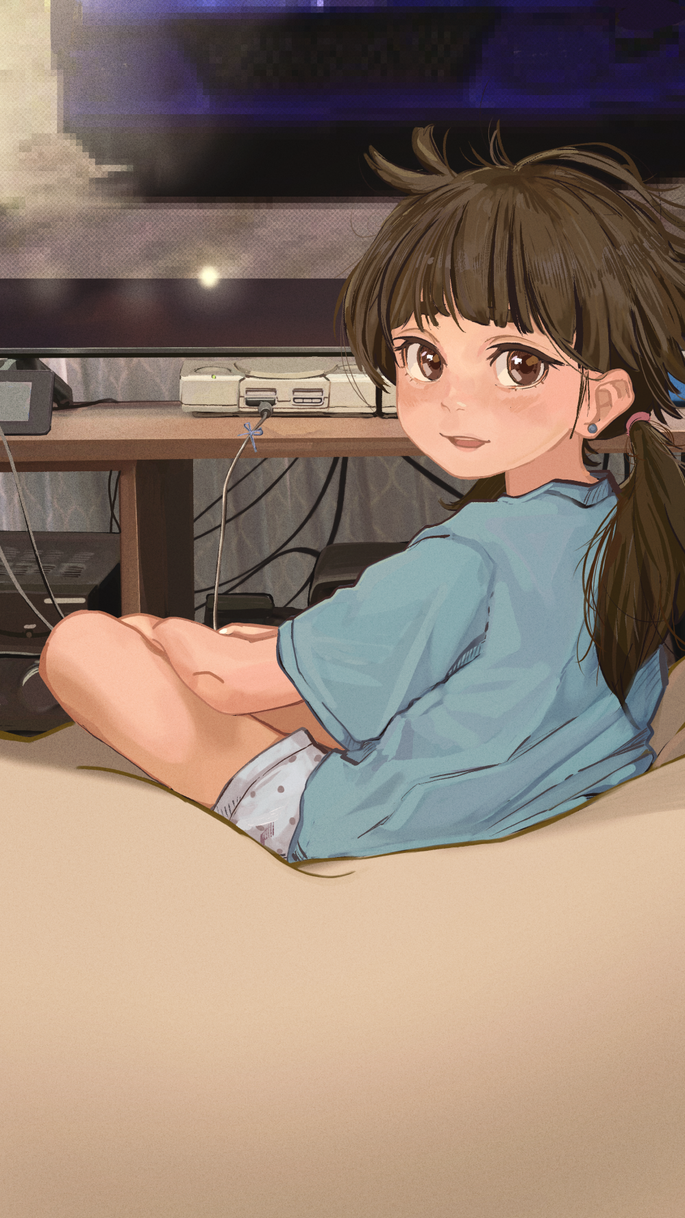 1girl, :d, bean_bag_chair, blue_shirt, blue_shorts, brown_eyes, brown_hair, cable, casual, check_commentary, commentary_request, earrings, from_behind, game_console, hair_tie, highres, indian_style, ira_(servachok), jewelry, leaning_back, light_blush, looking_at_viewer, looking_back, loose_hair_strand, low_twintails, messy_hair, original, parted_lips, playing_games, playstation_1, polka_dot, polka_dot_shorts, russian_commentary, servachok, shirt, short_shorts, shorts, sitting, smile, solo, stud_earrings, t-shirt, television, thick_eyebrows, twintails