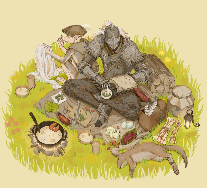 2boys, animal, arizuka_(catacombe), bloody_wolf_(elden_ring), boc_the_seamster, bone, crab_claw, cutting_board, egg, elden_ring, feathers, food, fruit, hat, helmet, highres, indian_style, knife, lantern, leaf, meat, multiple_boys, mushroom, rabbit, sewing, sitting, soup, tarnished_(elden_ring)