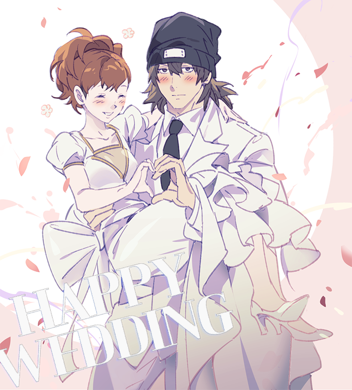 1boy, 1girl, aragaki_shinjirou, beanie, black_headwear, black_necktie, blush, brown_eyes, brown_hair, carrying, closed_eyes, closed_mouth, couple, dress, hat, heart, heart_hands, heart_hands_duo, hetero, high_heels, jacket, necktie, pants, persona, persona_3, persona_3_portable, petals, princess_carry, shiomi_kotone, short_sleeves, uoongpig, wedding, wedding_dress, white_footwear, white_jacket, white_pants