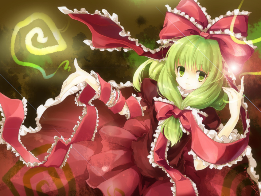 dress, frills, front_ponytail, glowing, green_eyes, green_hair, hair_bow, hair_ribbon