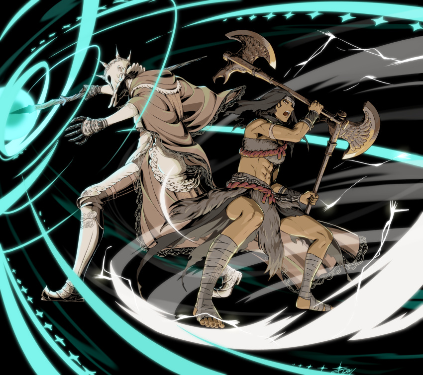 1boy, 1girl, abs, arizuka_(catacombe), armor, axe, black_hair, dark-skinned_female