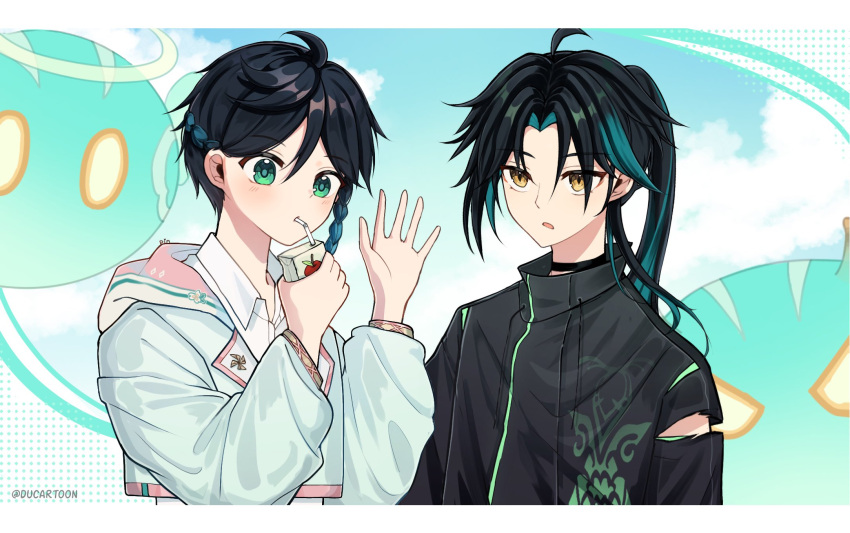 2boys, alternate_costume, alternate_hairstyle, black_hair, black_jacket, blue_hair, braid, drinking_straw, ducartoon, genshin_impact, gradient_hair, hair_between_eyes, highres, holding, hood, jacket, long_sleeves, male_focus, multicolored_hair, multiple_boys, open_mouth, ponytail, shirt, slime_(genshin_impact), track_jacket, venti_(genshin_impact), white_hood, white_shirt, xiao_(genshin_impact), yellow_eyes