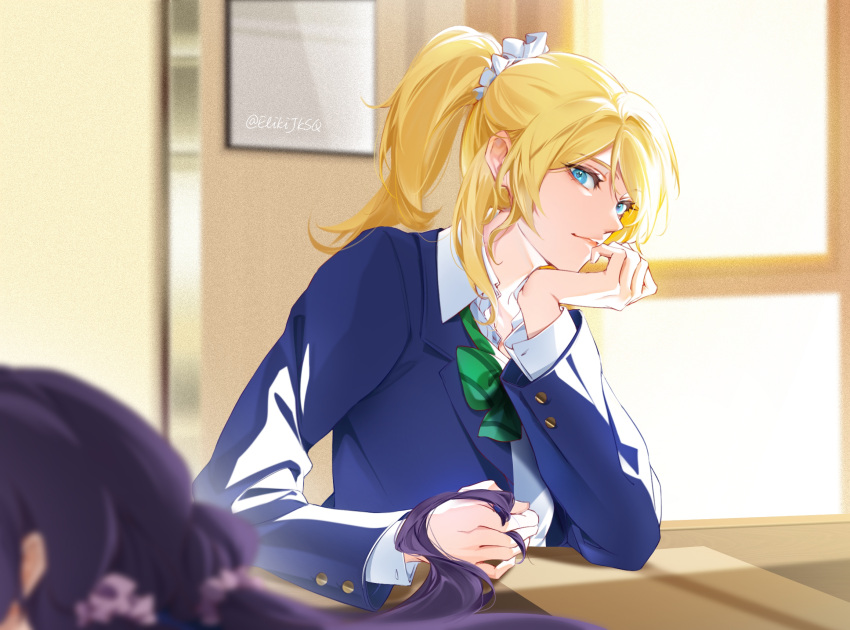 2girls, artist_name, ayase_eli, blonde_hair, blue_eyes, blue_jacket, bow, closed_mouth, collared_shirt, diagonal-striped_bow, diagonal_stripes, green_bow, hair_ornament, hair_scrunchie, head_rest, highres, indoors, jacket, k.jhitsugi, long_hair, long_sleeves, looking_at_viewer, love_live!, love_live!_school_idol_project, low_twintails, mitakihara_school_uniform, multiple_girls, pink_scrunchie, ponytail, purple_hair, school_uniform, scrunchie, shirt, striped, toujou_nozomi, twintails, white_scrunchie, white_shirt