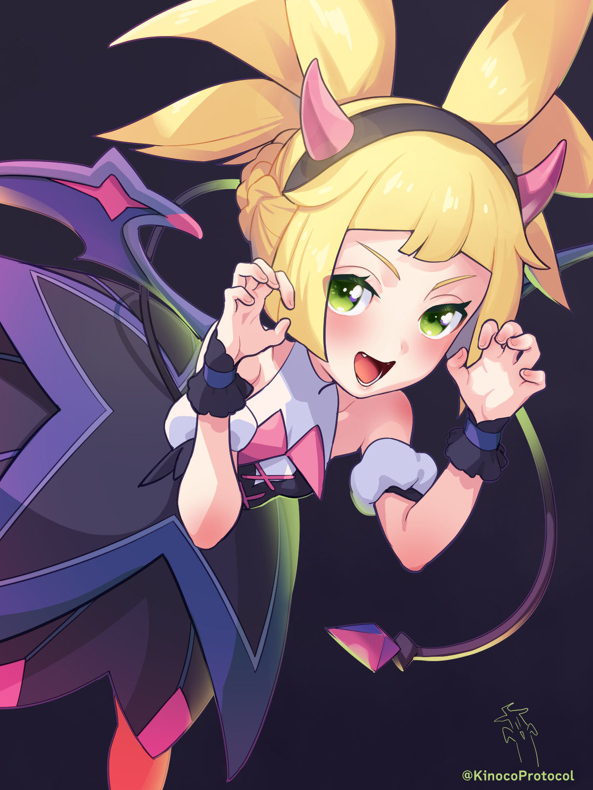 1girl, :d, armlet, bare_shoulders, black_background, black_dress, blonde_hair, blush